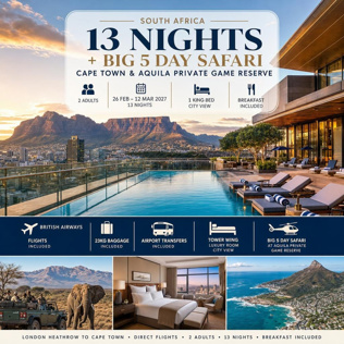 SOUTH AFRICA 13 NIGHTS + BIG 5 DAY SAFARI + £500