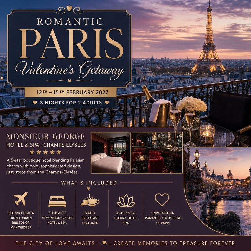 ROMANTIC PARIS VALENTINES GETAWAY + £500 – 12TH – 15TH FEBRUARY 2027