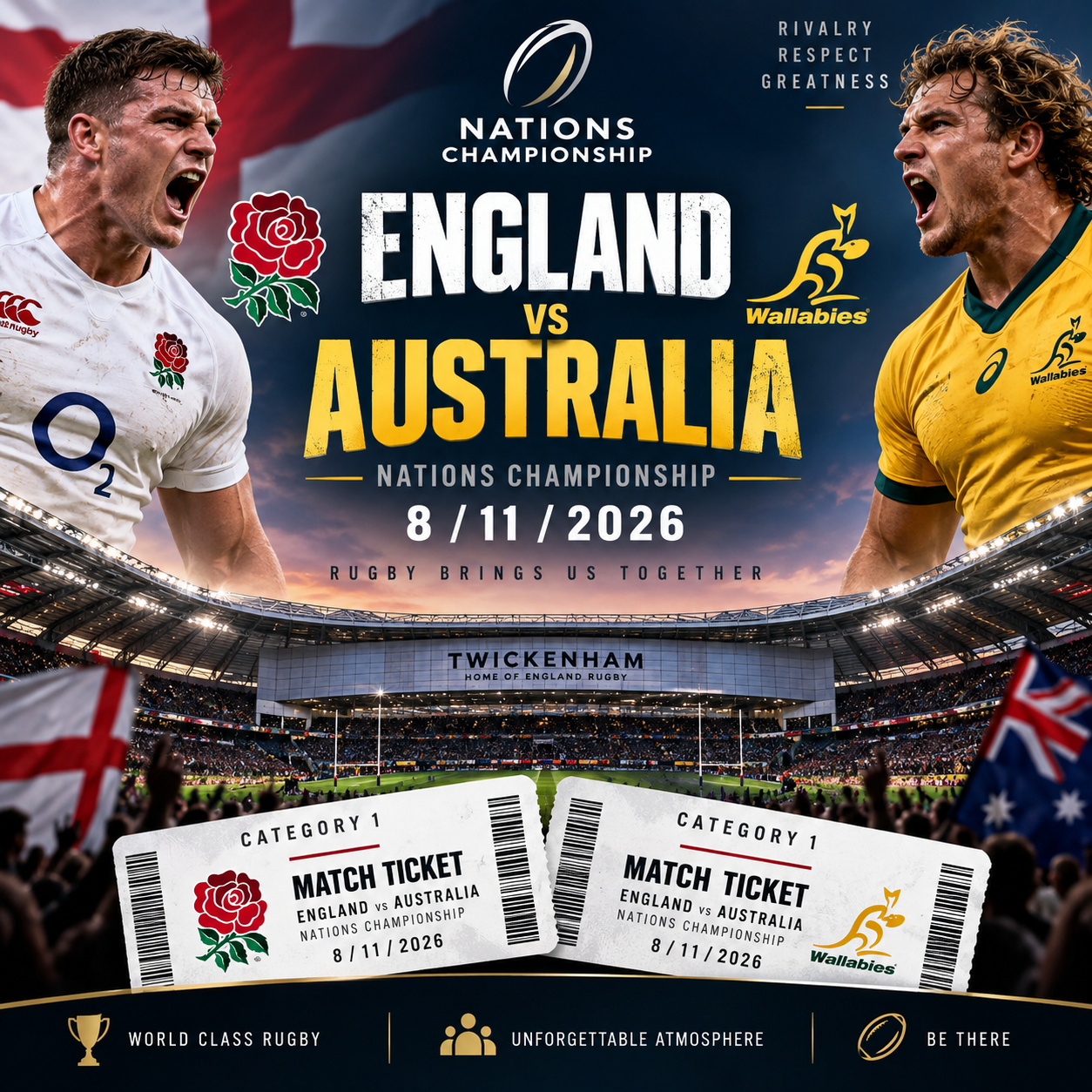 2 X CAT 1 ENGLAND VS AUSTRALIA NATIONS CHAMPIONSHIP RUGBY 8/11/2026