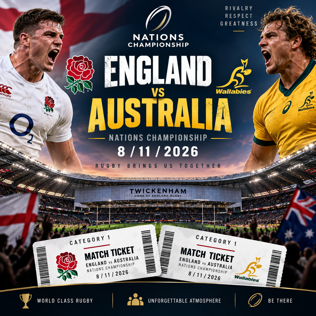 2 X CAT 1 ENGLAND VS AUSTRALIA NATIONS CHAMPIONSHIP RUGBY TICKETS 8/11/2026