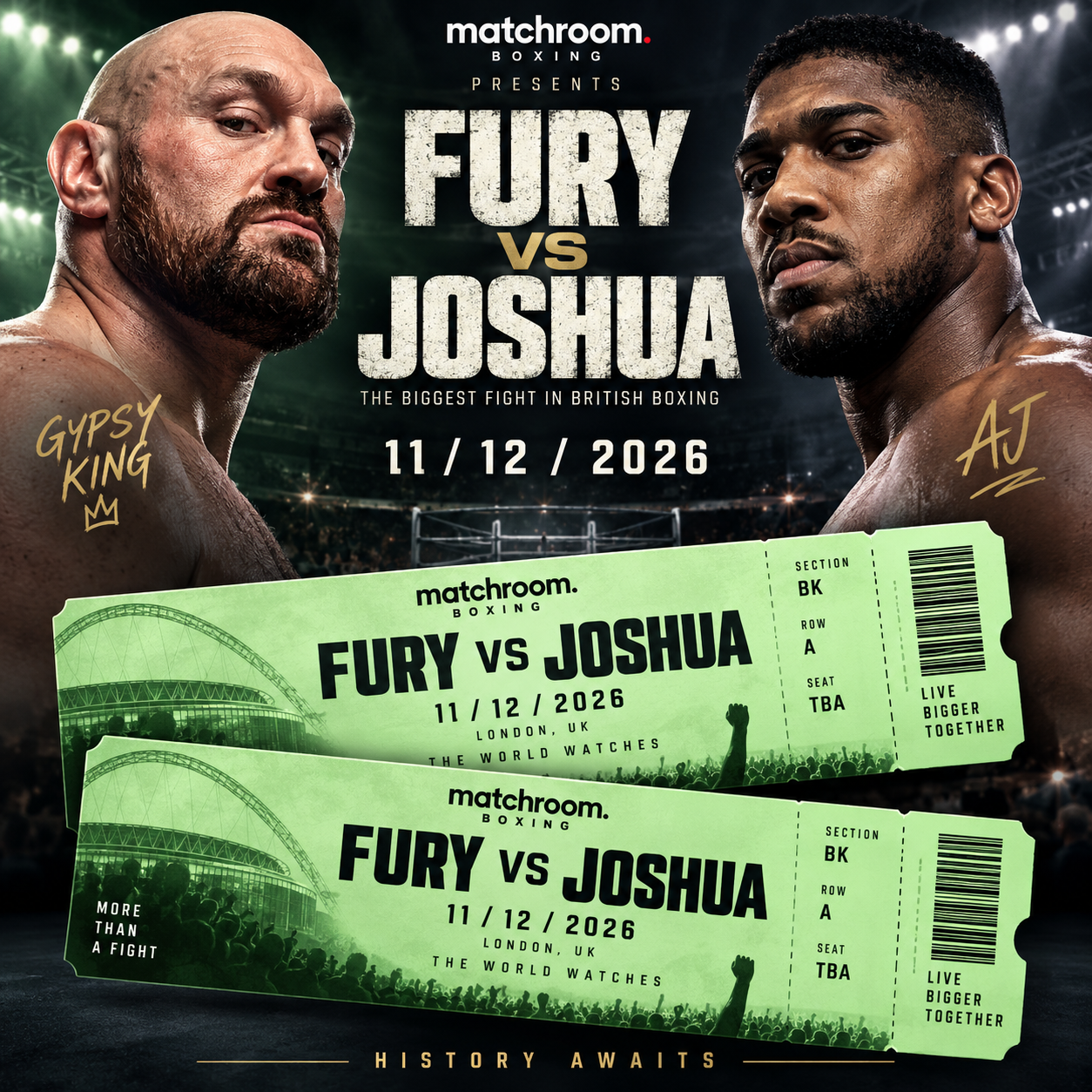 2 x FURY VS JOSHUA LOWER LIGHT GREEN BOXING TICKETS 11/12/2026 #2