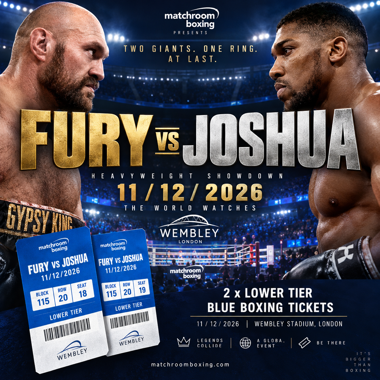 2 x FURY VS JOSHUA LOWER TIER MIDDLE BLUE BOXING TICKETS 11/12/2026 #2