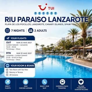TUI ALL INCLUSIVE 7 NIGHTS 2 PEOPLE RIU PARAISO, LANZAROTE