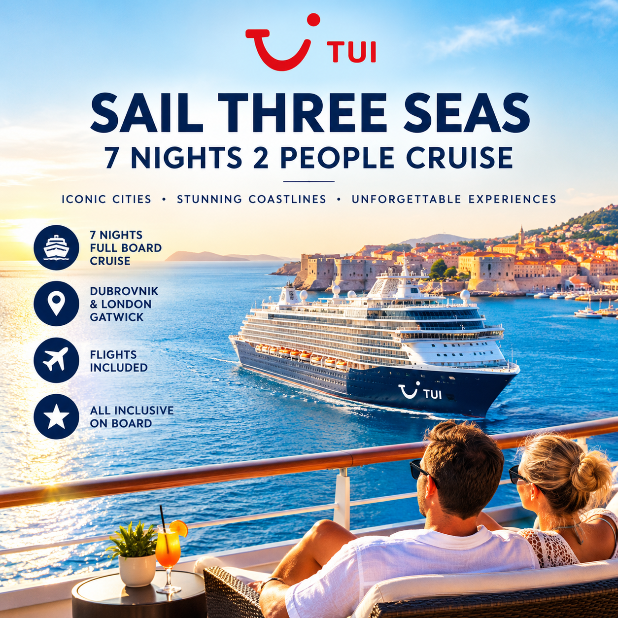 TUI ALL INCLUSIVE 7 NIGHTS 2 PEOPLE SAIL THREE SEA CRUISE