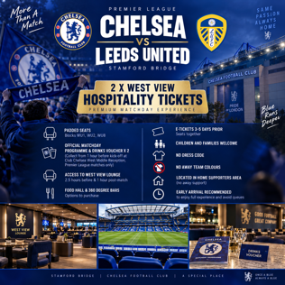 2 x CHELSEA VS LEEDS WEST VIEW HOSPITALITY TICKETS - 21/11/2026 #1