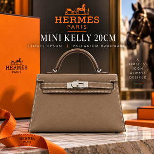 HERMÈS MINI KELLY 20CM – ETOUPE EPSOM / PALLADIUM HARDWARE OR £10,000