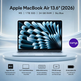 APPLE MacBook Air 13.6" (2026) - M5, 1 TB SSD, RAM 24 GB, Sky Blue OR £1,000 #1 #2