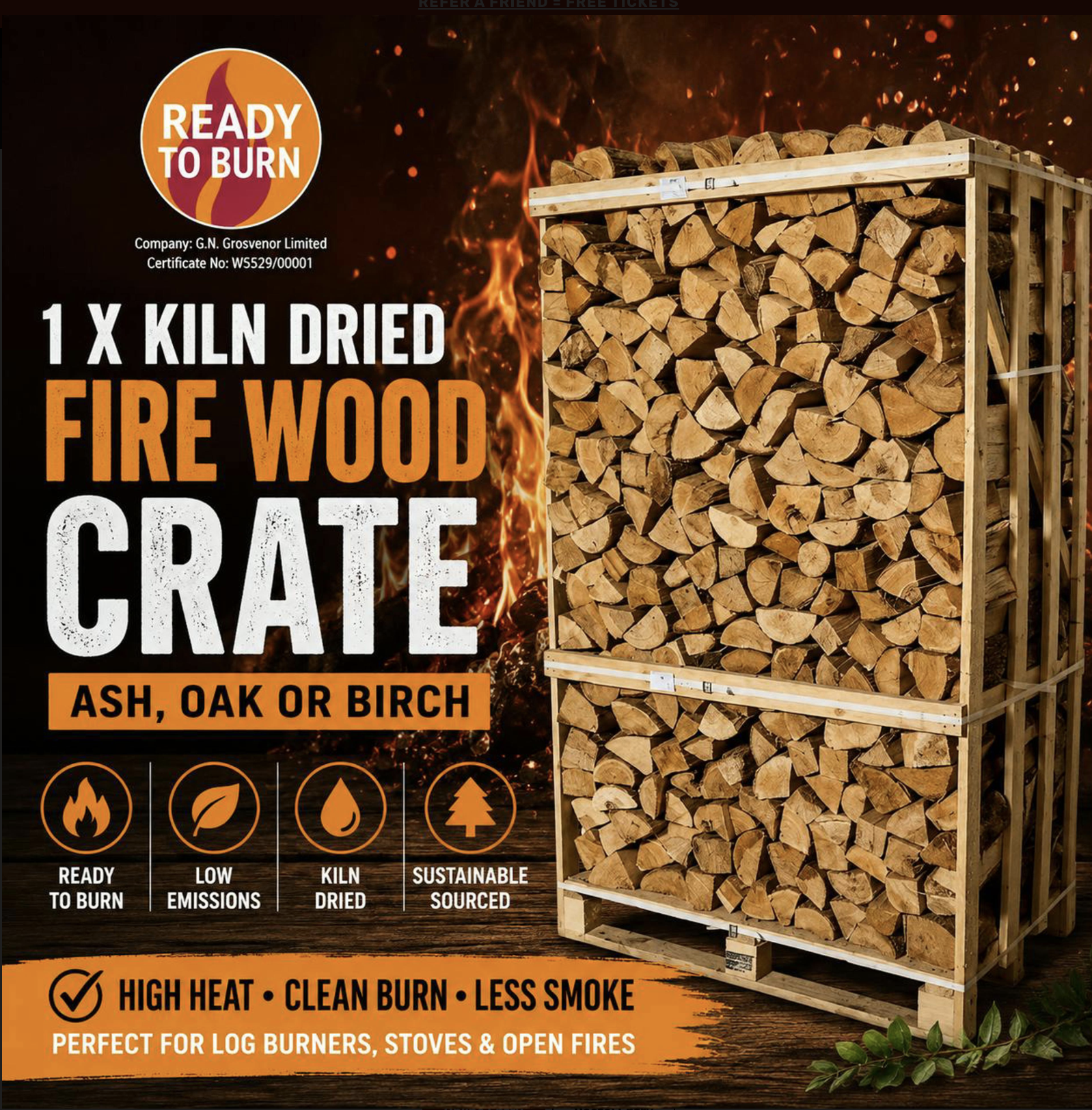 1 X KILN DRIED FIRE WOOD CRATE - ASH, OAK OR BIRCH 