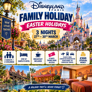 FAMILY HOLIDAY DISNEY LAND PARIS, EASTER HOLIDAYS 3 NIGHTS + £500