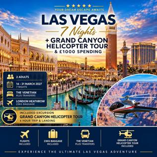 LAS VEGAS 7 NIGHTS + GRAND CANYON HELICOPTER TOUR & £1000