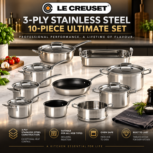 LE CREUSET 3-PLY STAINLESS STEEL 10-PIECE ULTIMATE SET #1