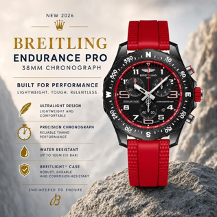 NEW BREITLING ENDURANCE PRO 38MM CHRONOGRAPH RED RUBBER STRAP WATCH