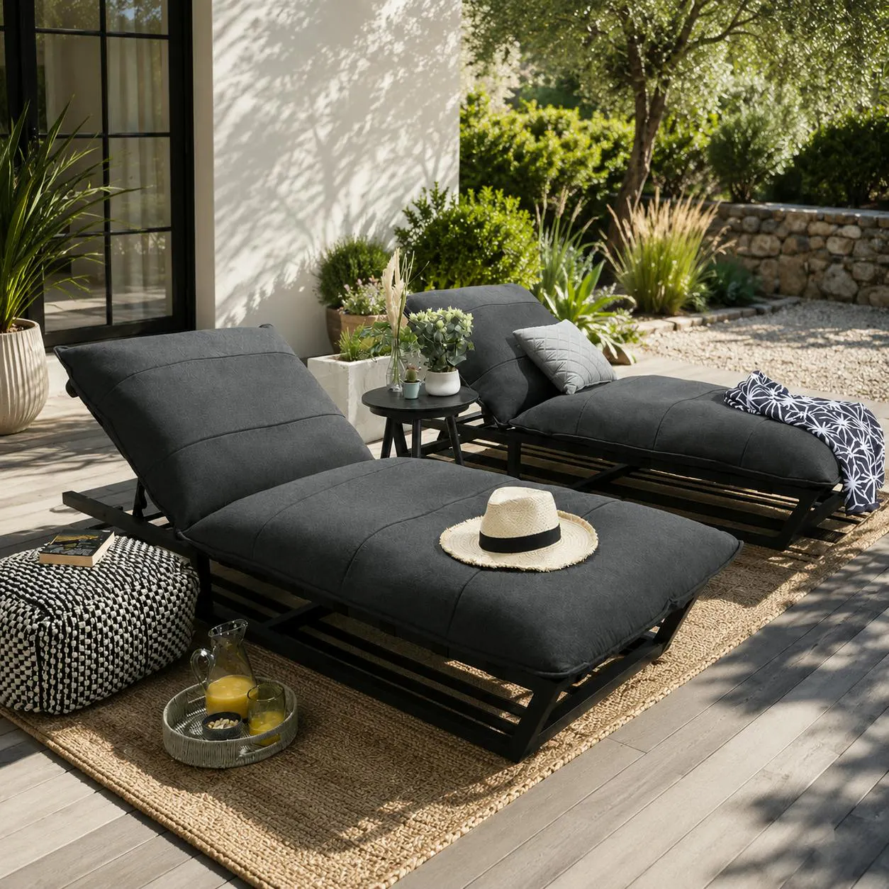 2 X LUXURY OCEAN CUSHIONED SUN LOUNGERS DARK GREY 212 × 84 CM
