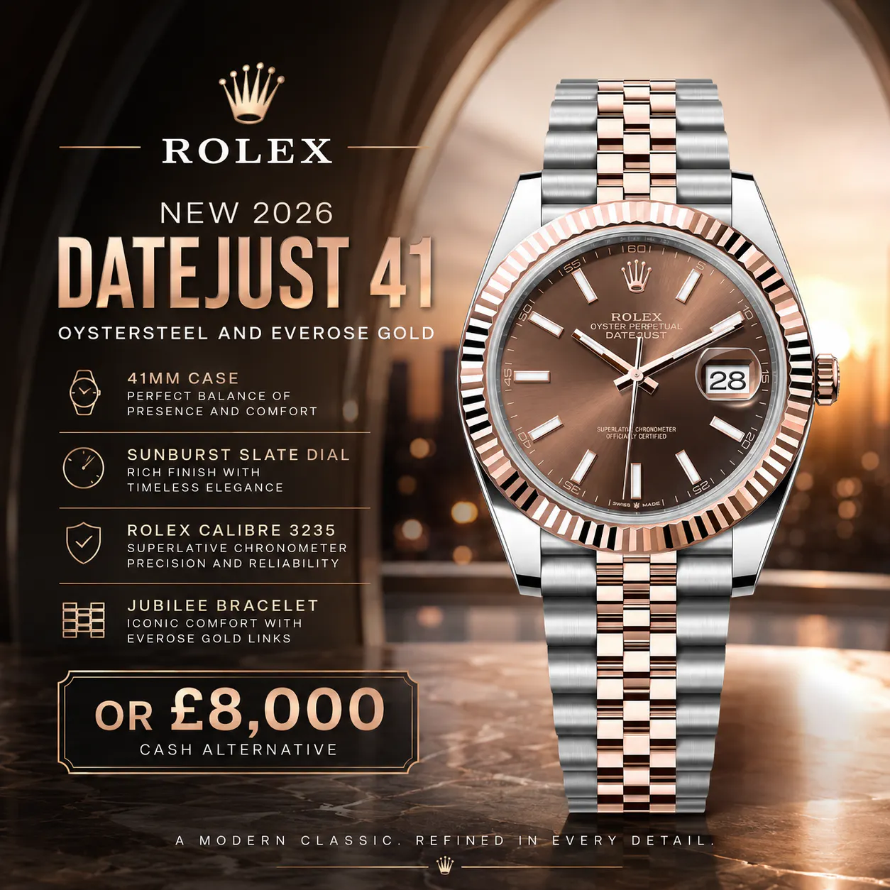 NEW 2026 DATEJUST 41 OYSTERSTEEL AND EVEROSE GOLD OR £8,000