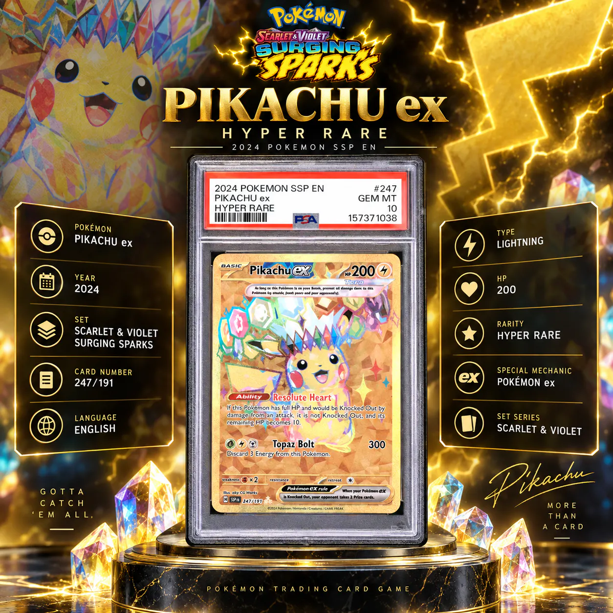 PSA 10 2024 POKEMON SSP EN-SURGING SPARKS PIKACHU EX HYPER RARE