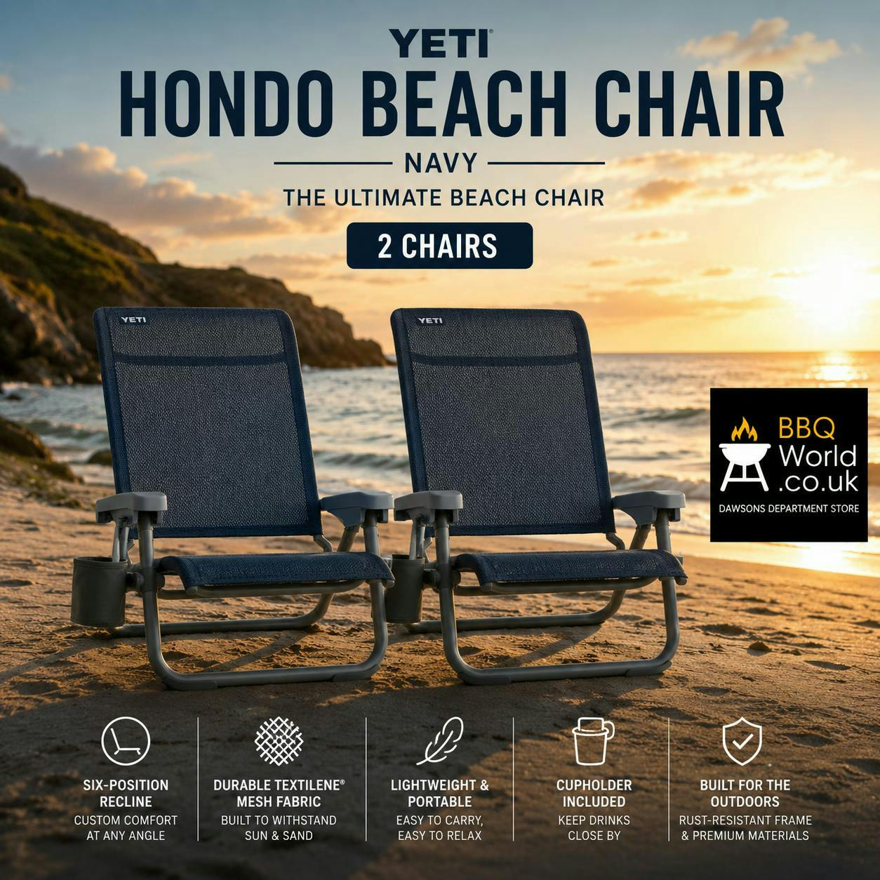 2 X YETI HONDO PREMIUM RECLINING BEACH CHAIRS – NAVY