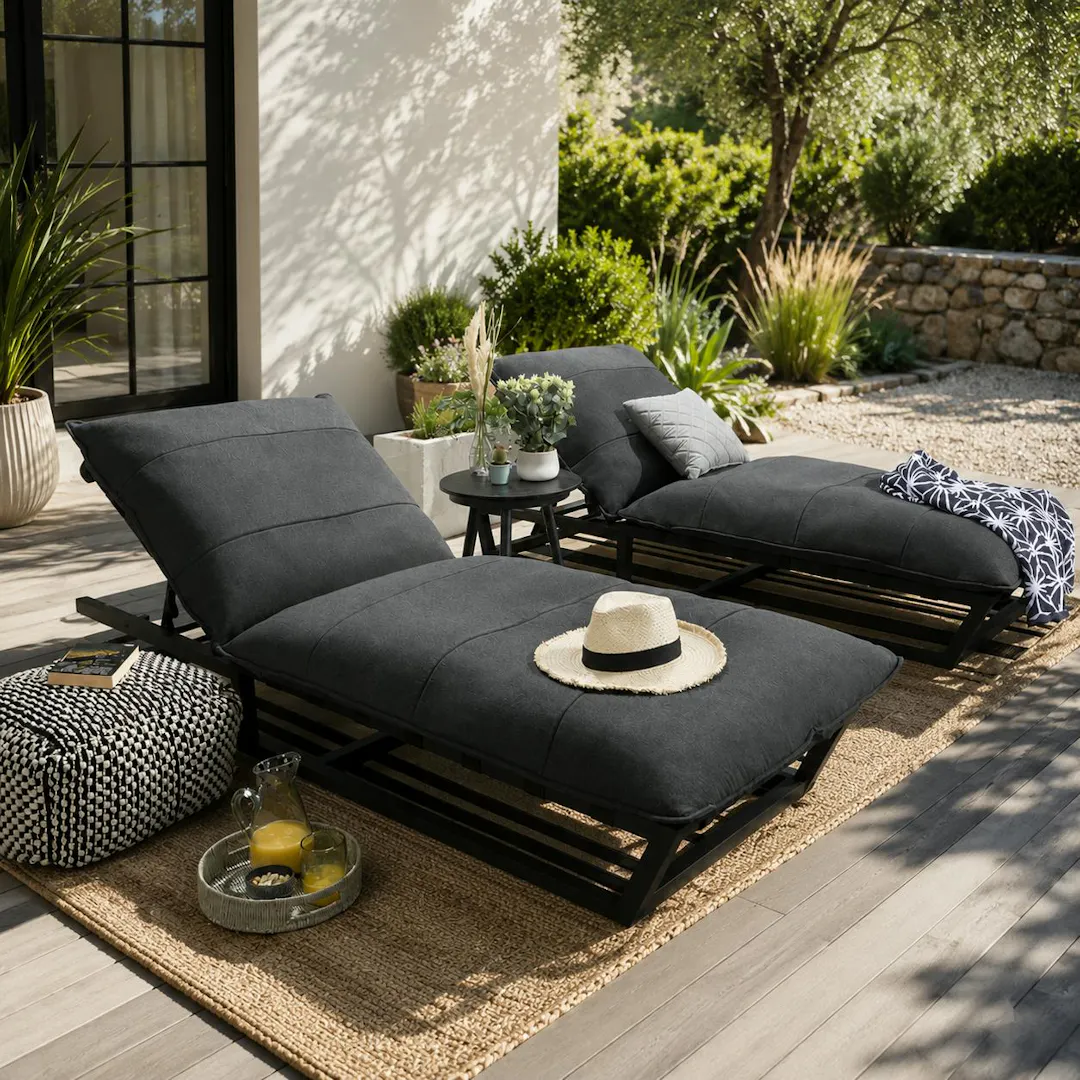 2 X LUXURY OCEAN CUSHIONED SUN LOUNGERS DARK GREY 212 × 84 CM