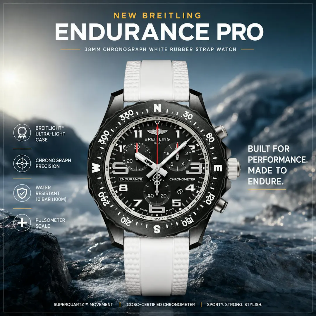 NEW BREITLING ENDURANCE PRO 38MM CHRONOGRAPH WHITE RUBBER STRAP WATCH