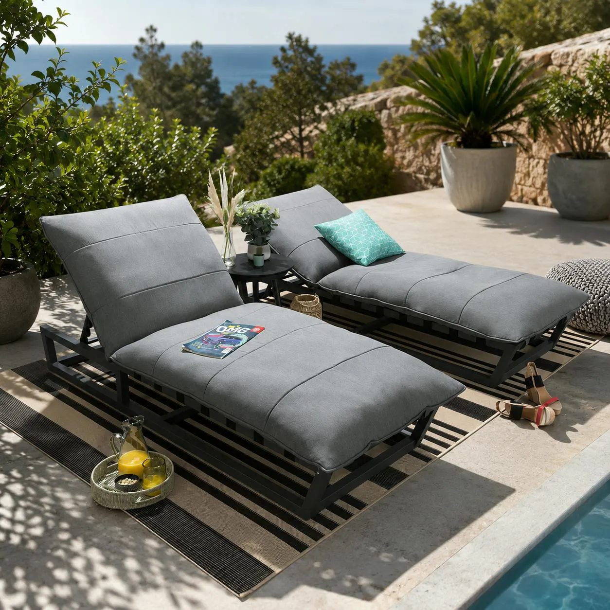 2 X LUXURY OCEAN CUSHIONED SUN LOUNGERS FLANELLE GREY 212 × 84 CM