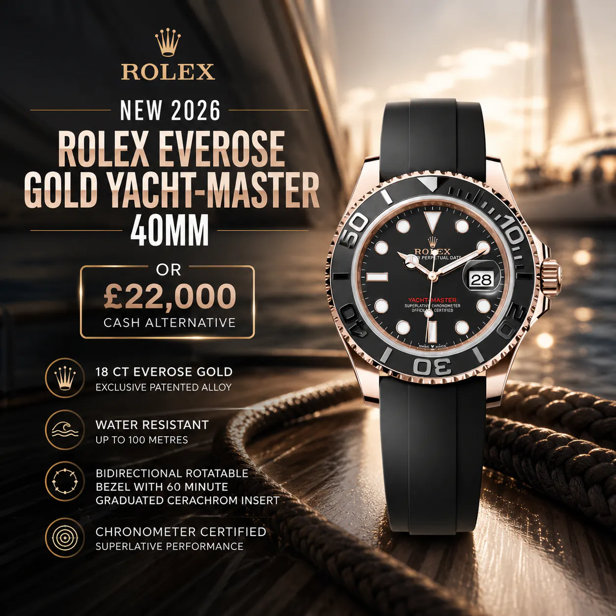 NEW 2026 ROLEX EVEROSE GOLD YACHT-MASTER 40MM OR £22,000