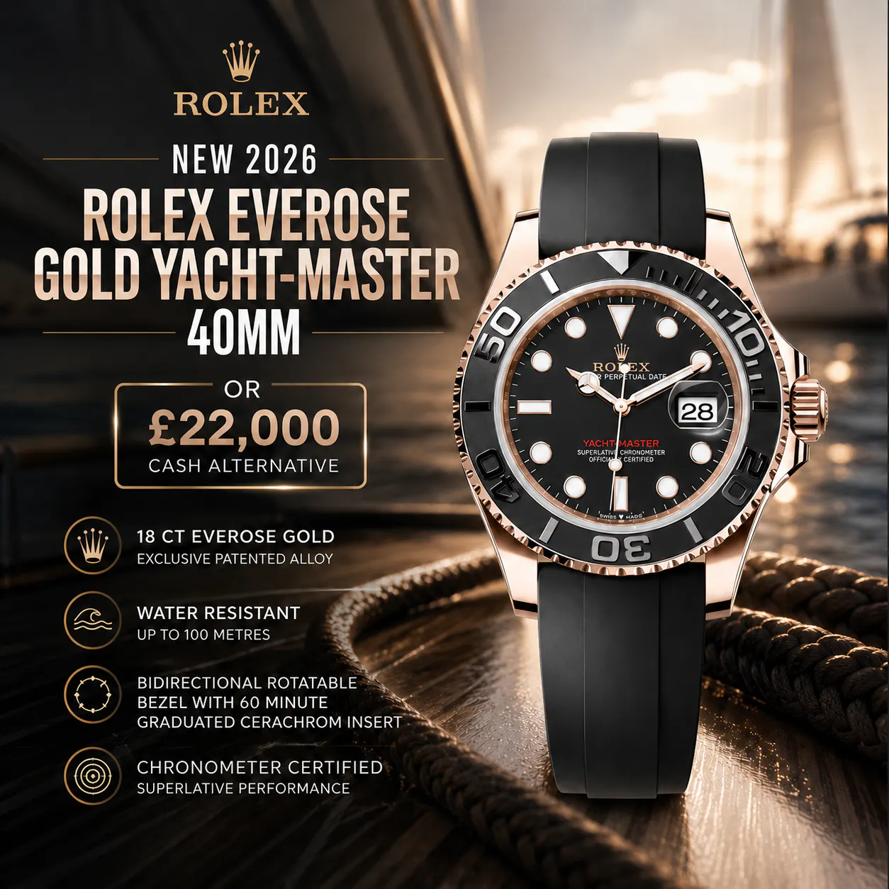 NEW 2026 ROLEX EVEROSE GOLD YACHT-MASTER 40MM OR £22,000