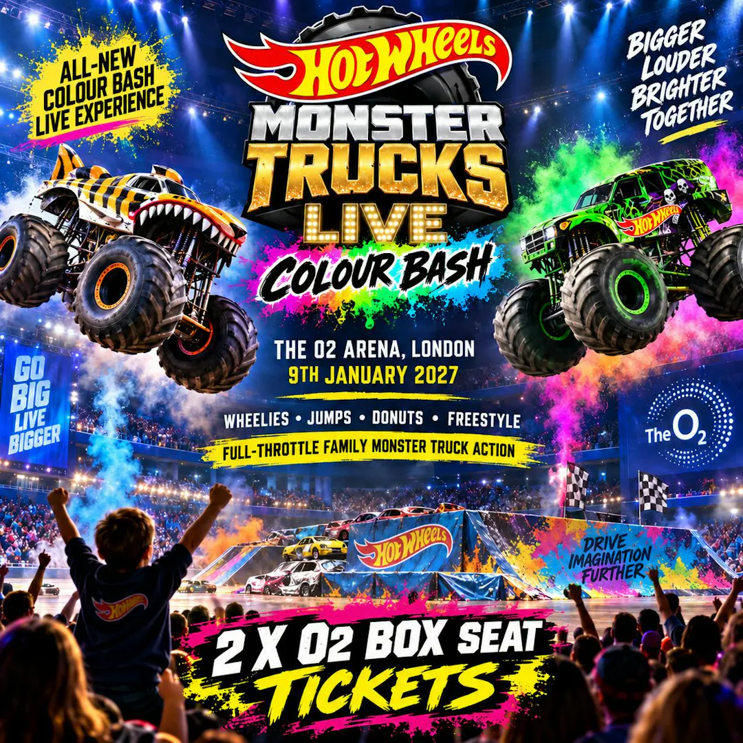 2 X HOT WHEELS MONSTER TRUCKS LIVE: COLOUR BASH O2 BOX SEAT TICKETS 9TH JAN 2027