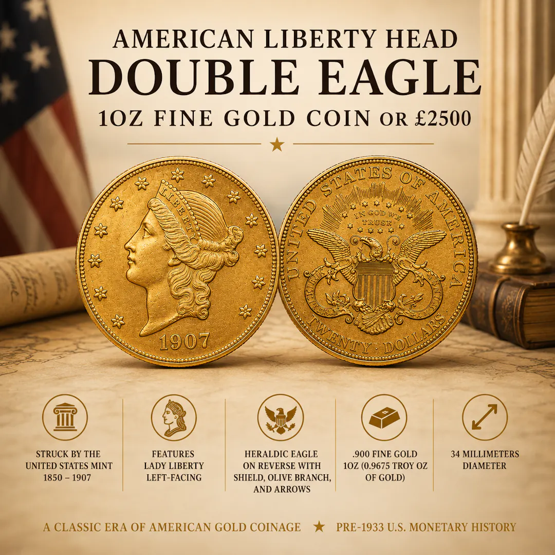 AMERICAN LIBERTY HEAD DOUBLE EAGLE 1OZ FINE GOLD COIN OR £2500