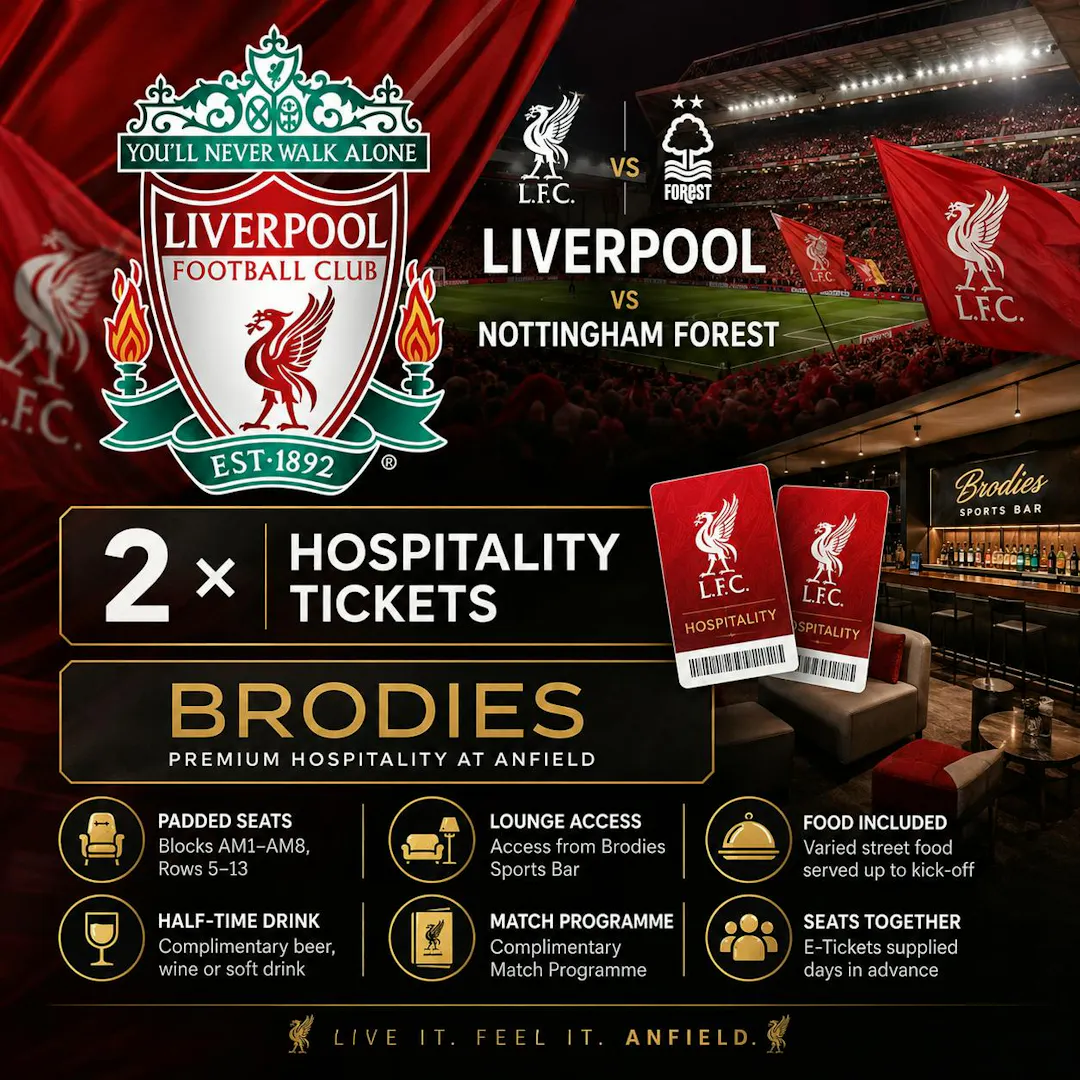 2 X LIVERPOOL VS NOTTINGHAM FOREST BRODIES HOSPITALITY TICKETS
