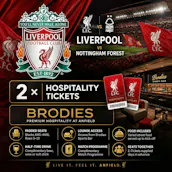 2 X LIVERPOOL VS NOTTINGHAM FOREST BRODIES HOSPITALITY TICKETS