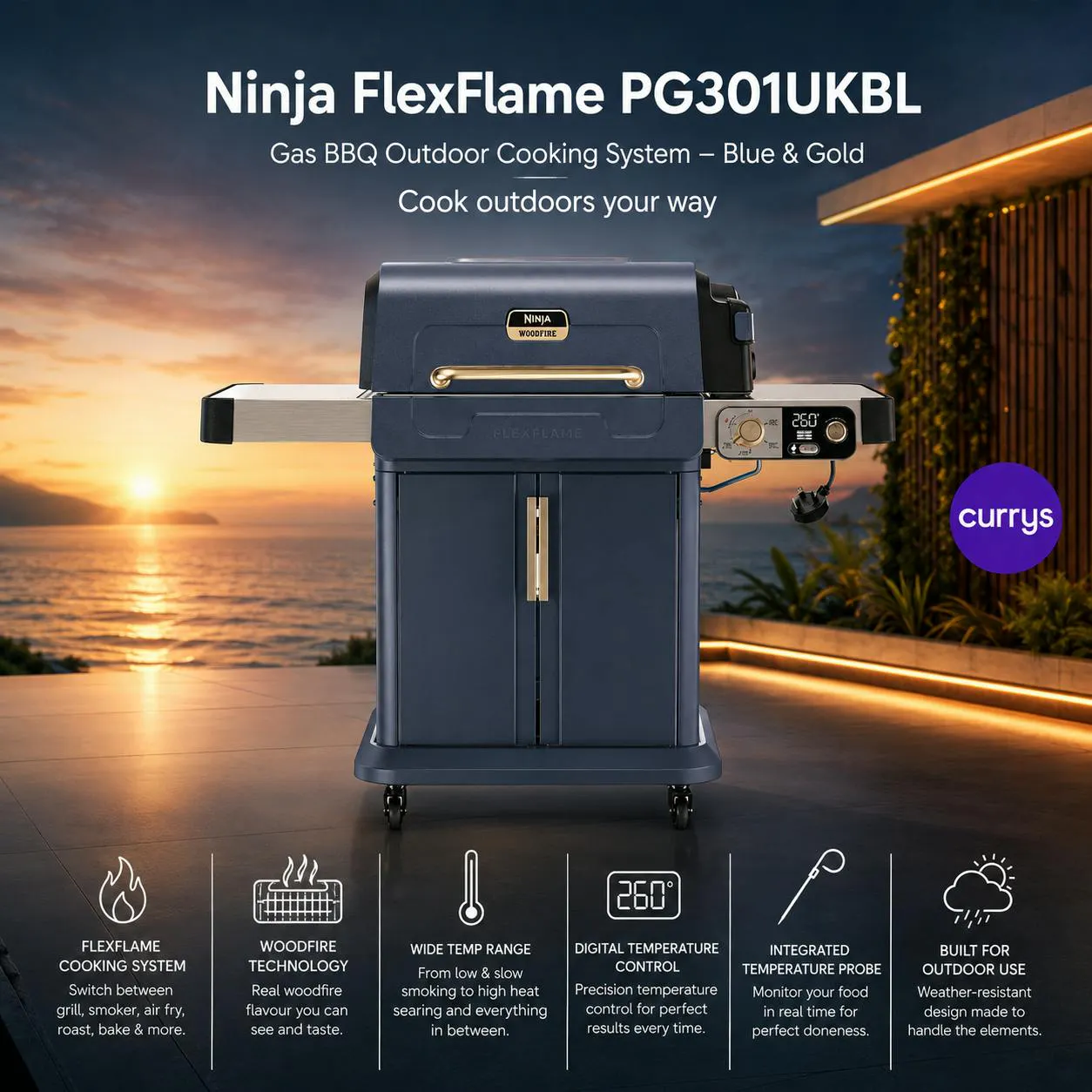 NINJA FLEXFLAME PG301UKBL GAS BBQ & OUTDOOR COOKING SYSTEM - BLUE & GOLD