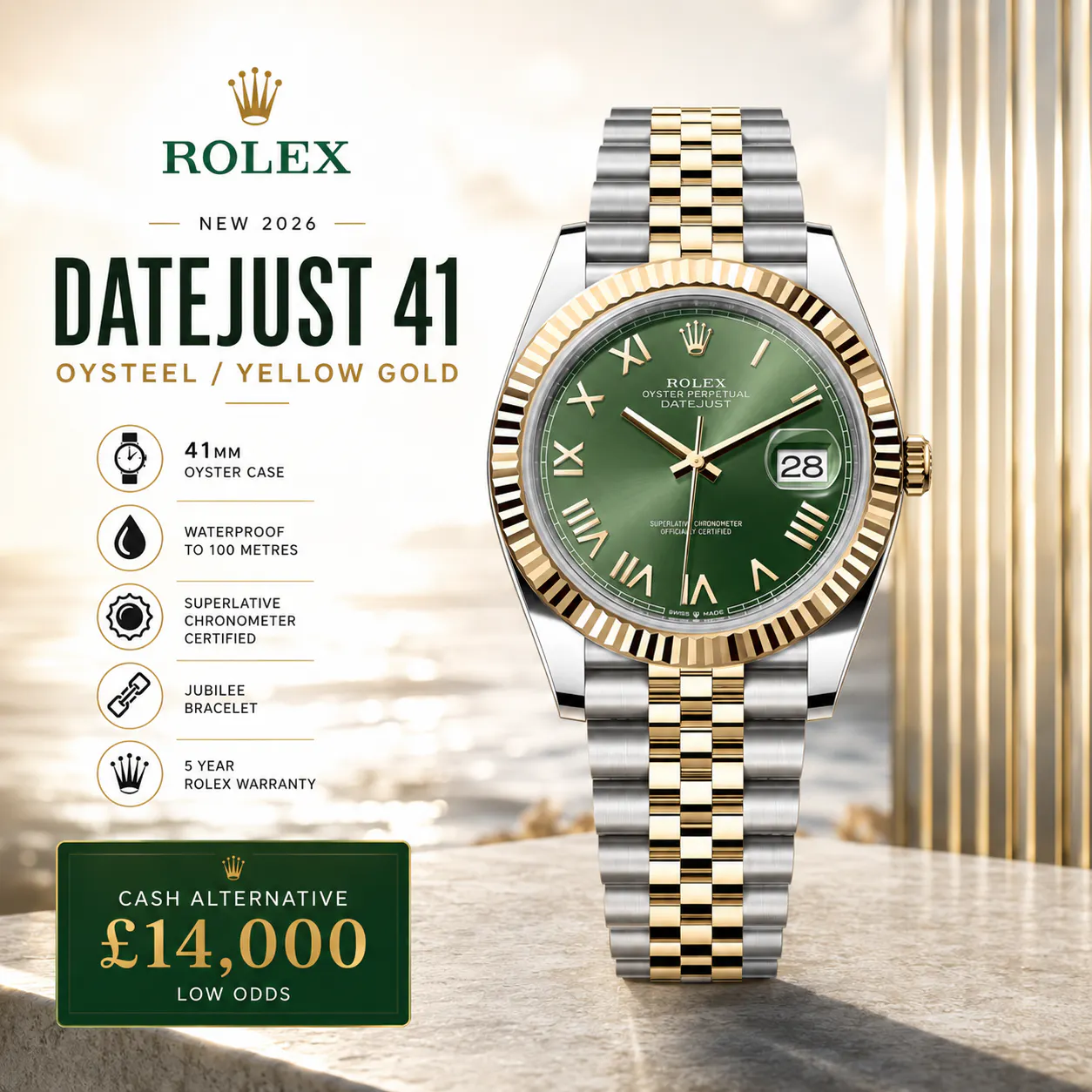 NEW 2026 ROLEX DATEJUST 41 OYSTERSTEEL & YELLOW GOLD OR £14,000