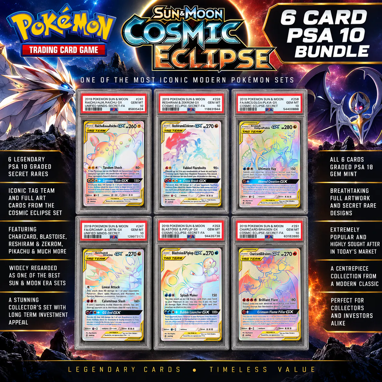 SIX CARD PSA 10 2019 POKEMON SUN & MOON COSMIC ECLIPSE BUNDLE