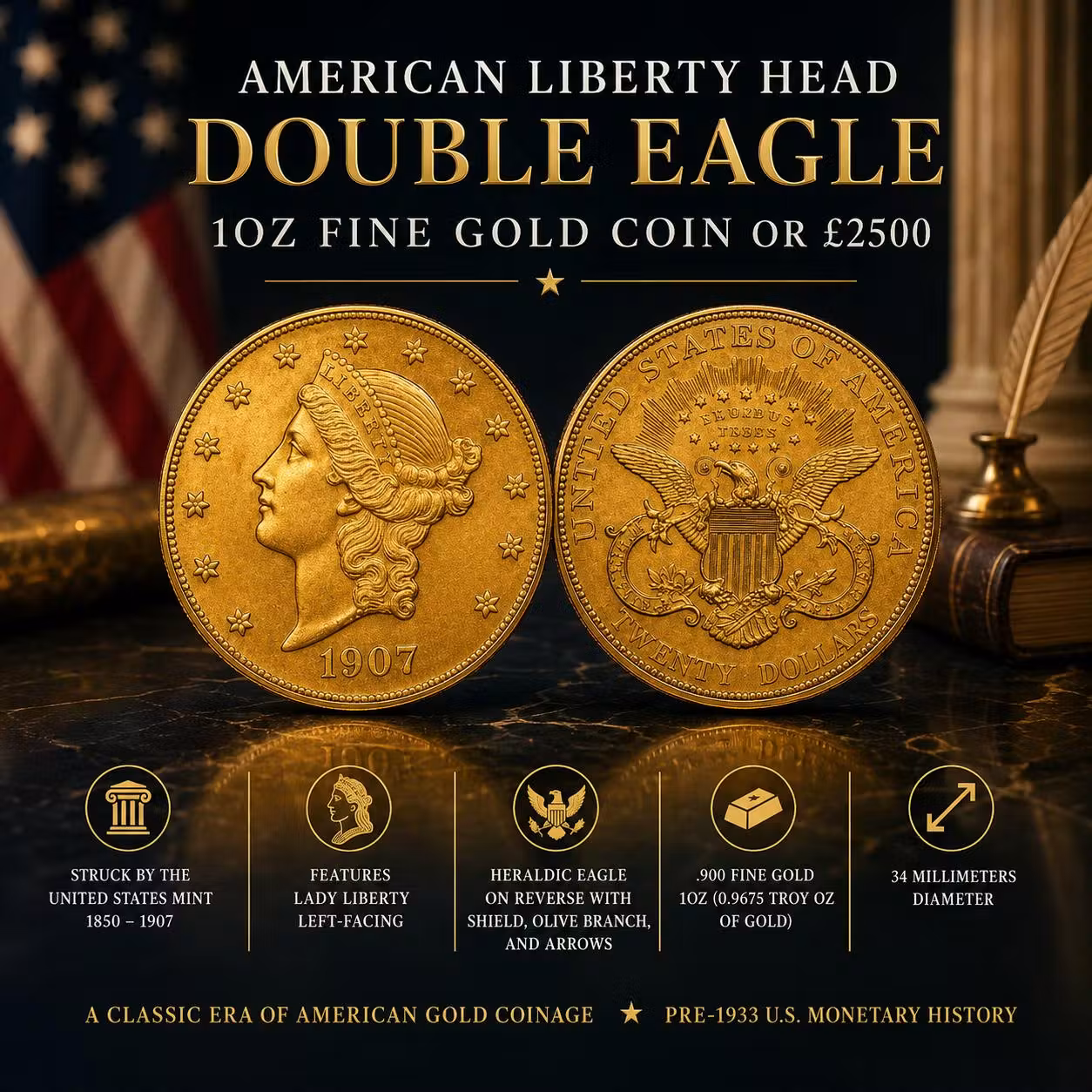 AMERICAN LIBERTY HEAD DOUBLE EAGLE 1OZ FINE GOLD COIN OR £2500