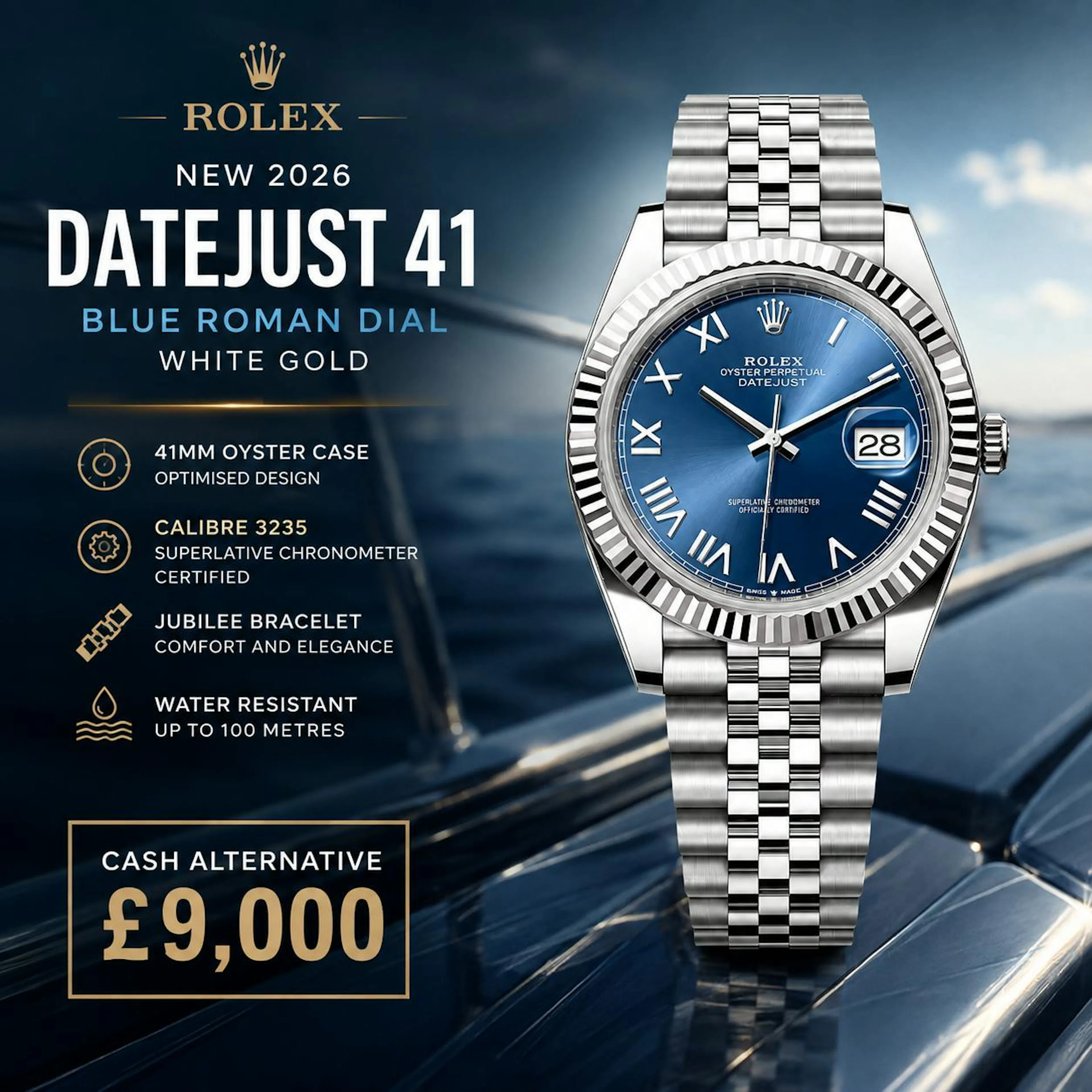 Mark Neale - NEW 2026 ROLEX DATEJUST 41 BLUE ROMAN DIAL WHITE GOLD OR £9,000