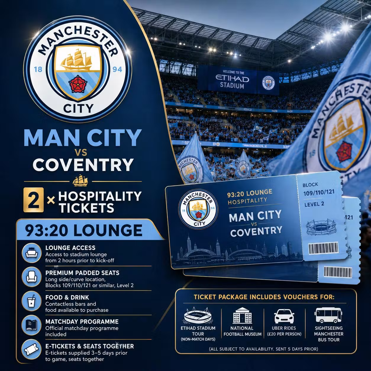 2 X MANCHESTER CITY VS COVENTRY 93:20 HOSPITALITY TICKETS