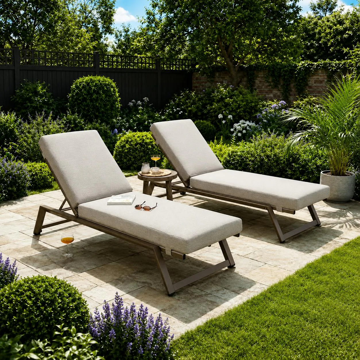2 x LUXURY OUTDOOR QUATROPI CAYMAN CUSHIONED SUN LOUNGERS