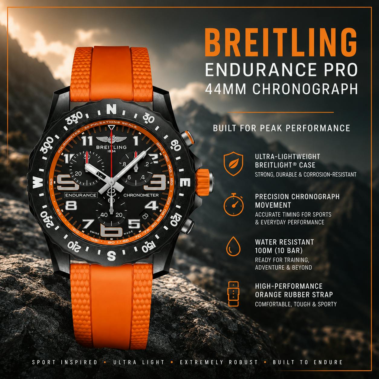 NEW BREITLING ENDURANCE PRO 44MM CHRONOGRAPH ORANGE RUBBER STRAP