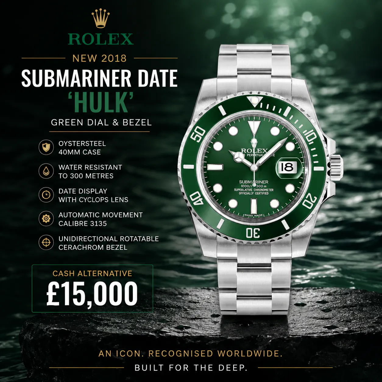 NEW 2018 ROLEX SUBMARINER DATE 'HULK' GREEN DIAL & BEZEL OR £15,000