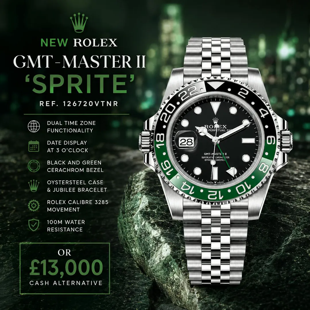 Mathusan Tharmakulasingam - NEW 2025 ROLEX GMT MASTER II 'SPRITE' OR £13,000