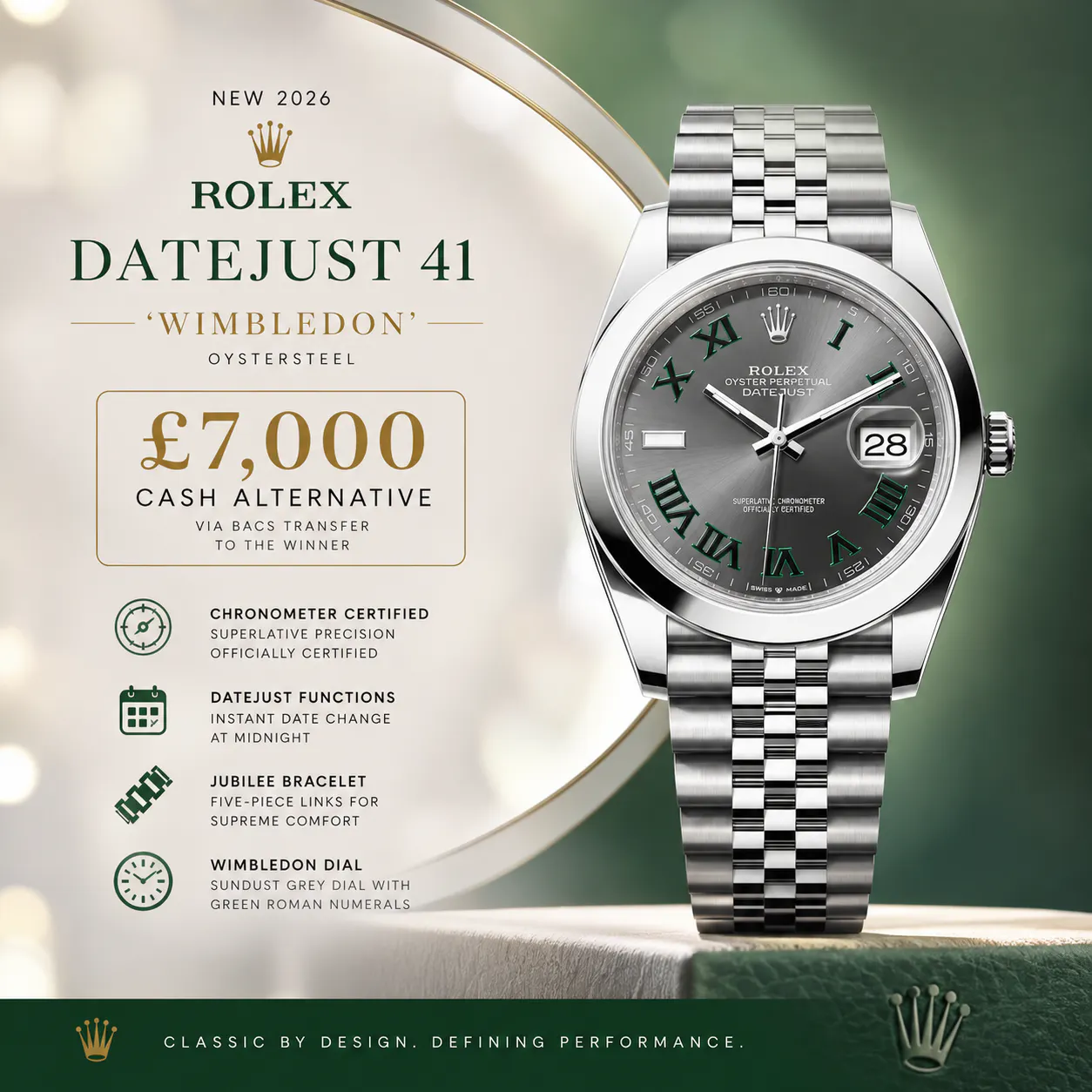 NEW 2026 ROLEX DATEJUST 41 'WIMBLEDON' OR £7000