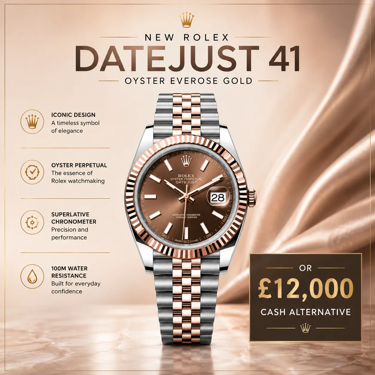 NEW ROLEX DATEJUST 41 OYSTER EVEROSE GOLD OR £12,000