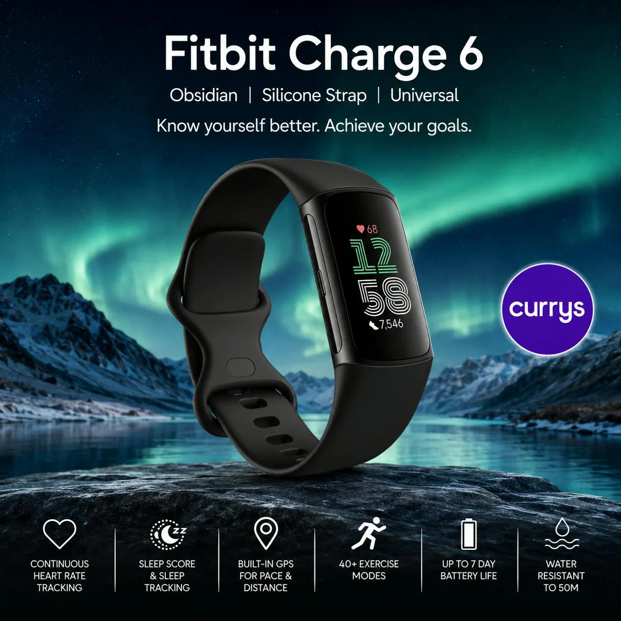 FITBIT CHARGE 6 FITNESS TRACKER - OBSIDIAN/BLACK, SILICONE STRAP, UNIVERSAL