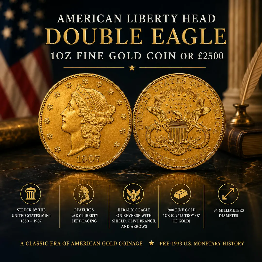 AMERICAN LIBERTY HEAD DOUBLE EAGLE 1OZ FINE GOLD COIN OR £2500