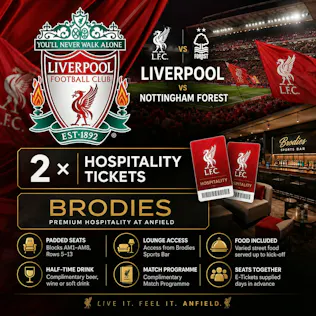 2 X LIVERPOOL VS NOTTINGHAM FOREST BRODIES HOSPITALITY TICKETS