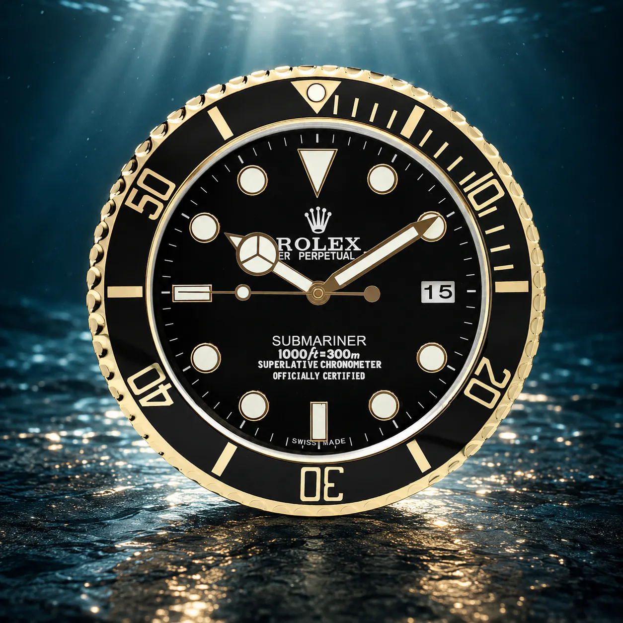 ROLEX STYLE SUBMARINER GOLD & BLACK DISPLAY WALL CLOCK