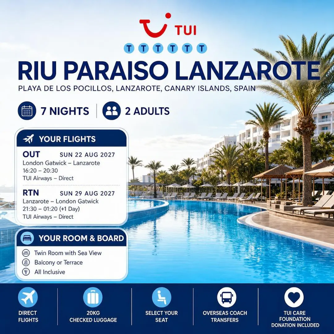 TUI ALL INCLUSIVE 7 NIGHTS 2 PEOPLE RIU PARAISO, LANZAROTE
