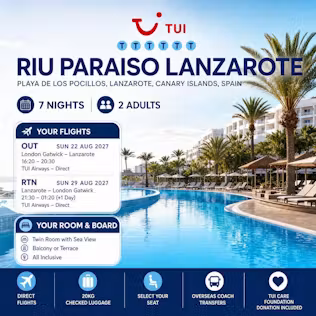 TUI ALL INCLUSIVE 7 NIGHTS 2 PEOPLE RIU PARAISO, LANZAROTE