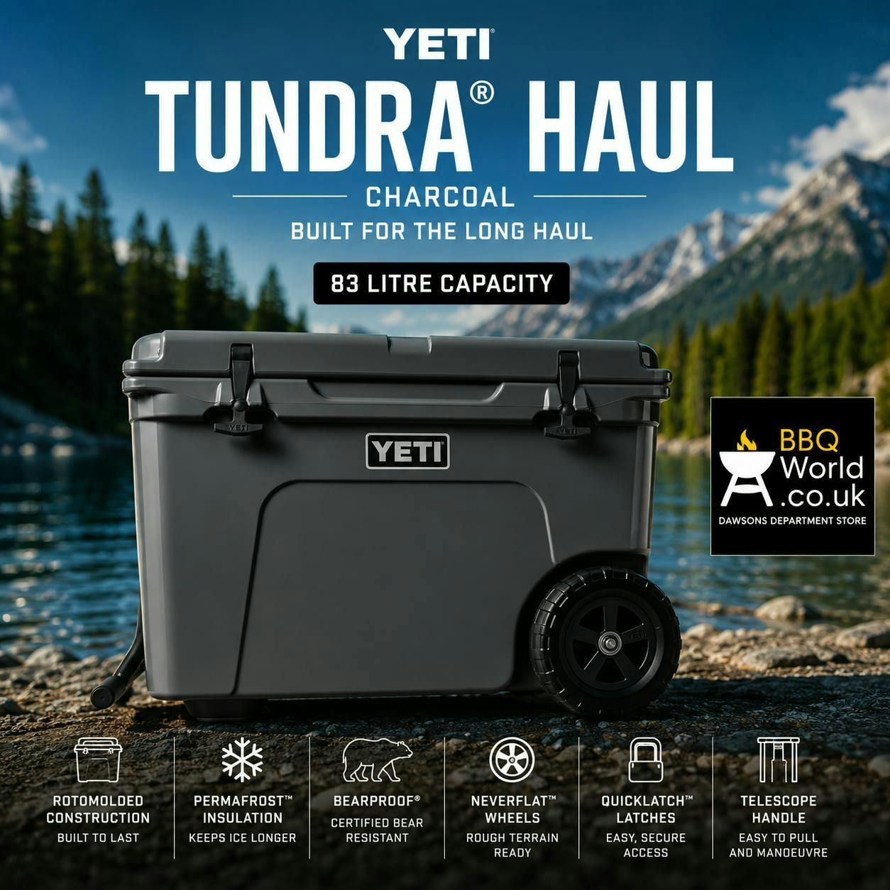 LEGENDARY YETI TUNDRA HAUL WHEELED HARD COOLER - CHARCOAL