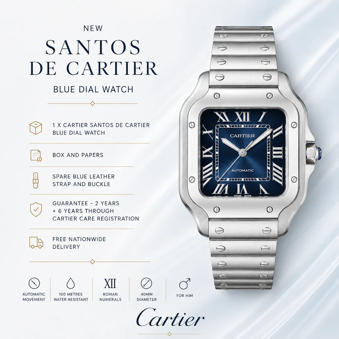 NEW SANTOS DE CARTIER BLUE DIAL WATCH - LOW ODD