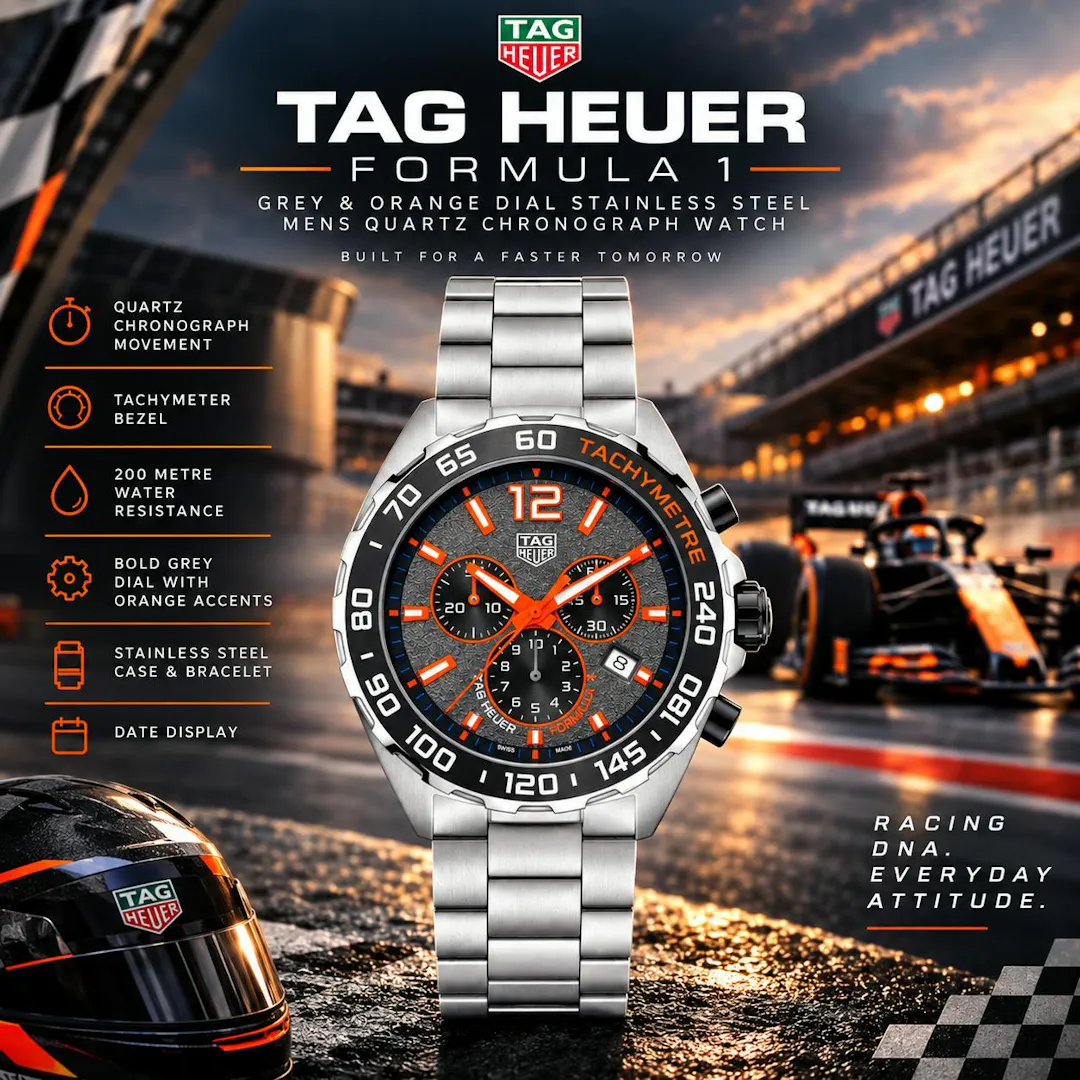 TAG HEUER FORMULA 1 GREY & ORANGE DIAL STAINLESS STEEL CHRONOGRAPH WATCH